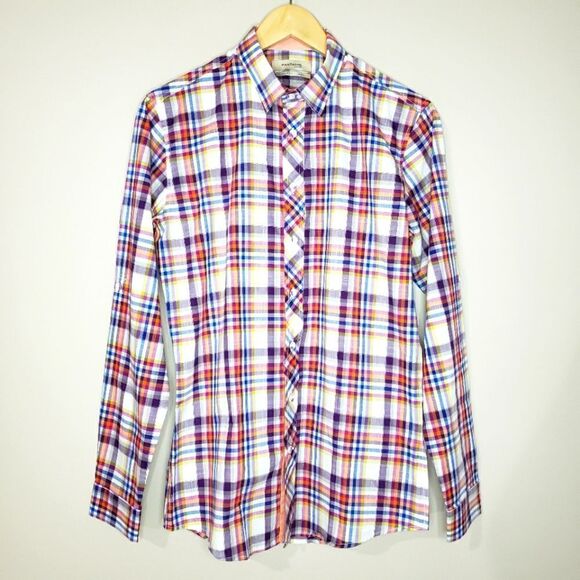 🦋3/$25 Pantamo Small Cotton Long Sleeve Purple Blue Plaid Button Up Shirt NWOT - Picture 1 of 8